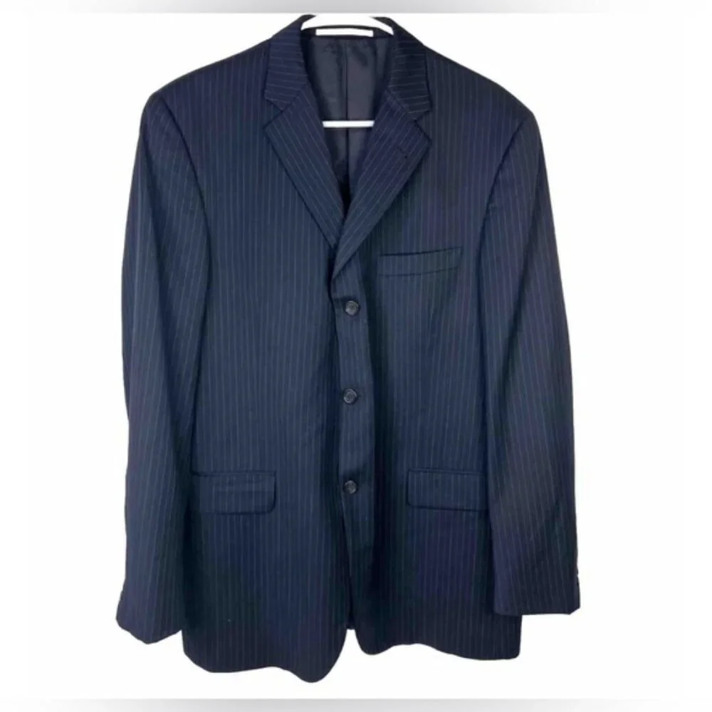 BURBERRY LONDON 100% WOOL Navy Blue Striped Suit Blazer MDL LBS41‎ Size 42 REG